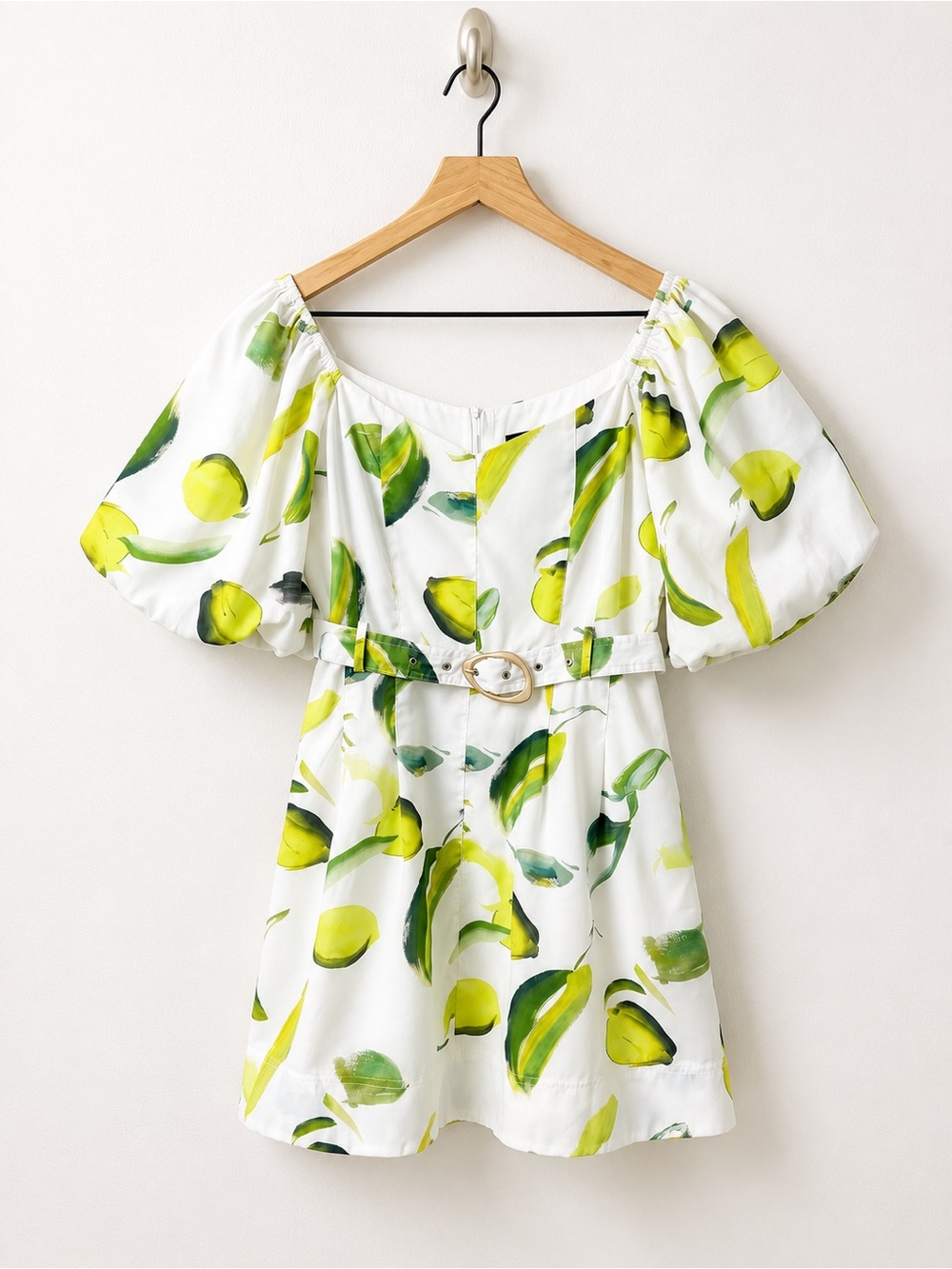 Beulah Style Alyssa Zest White Puff Sleeve Mini Dress Green & Yellow Leaf Cotton - Picture 3 of 15
